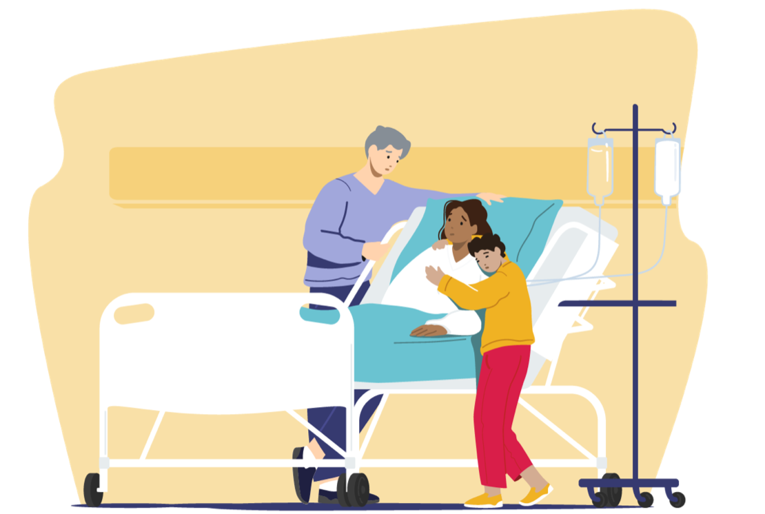 Image of a patient in hospital bed surrounded by family members 
