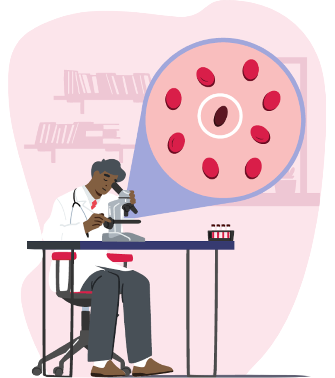 Image of male doctor examining blood cells, with a zoomed in section of the blood cells 